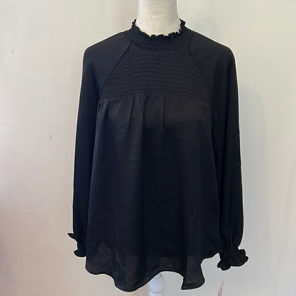 Nanette Lepore black ruffle neck long sleeve blouse Size S New